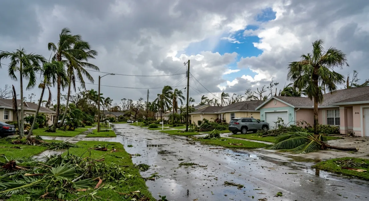 A Palm Beach neighborhood after a storm with debris on lawns and overcast skies clearing