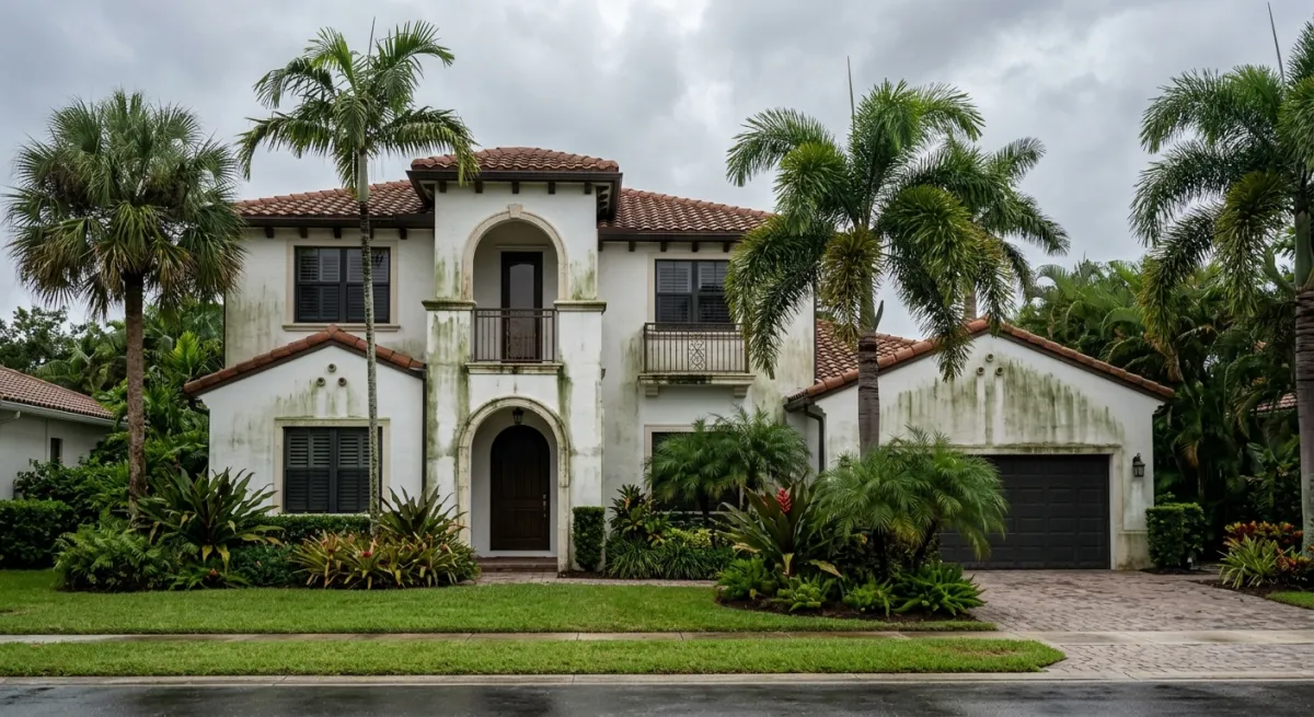 Green algae and dark mold streaks spreading across a white stucco South Florida home exterior during a humid summer day