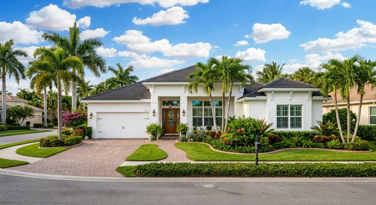 A Palm Beach home with a clean exterior on a warm late-summer day