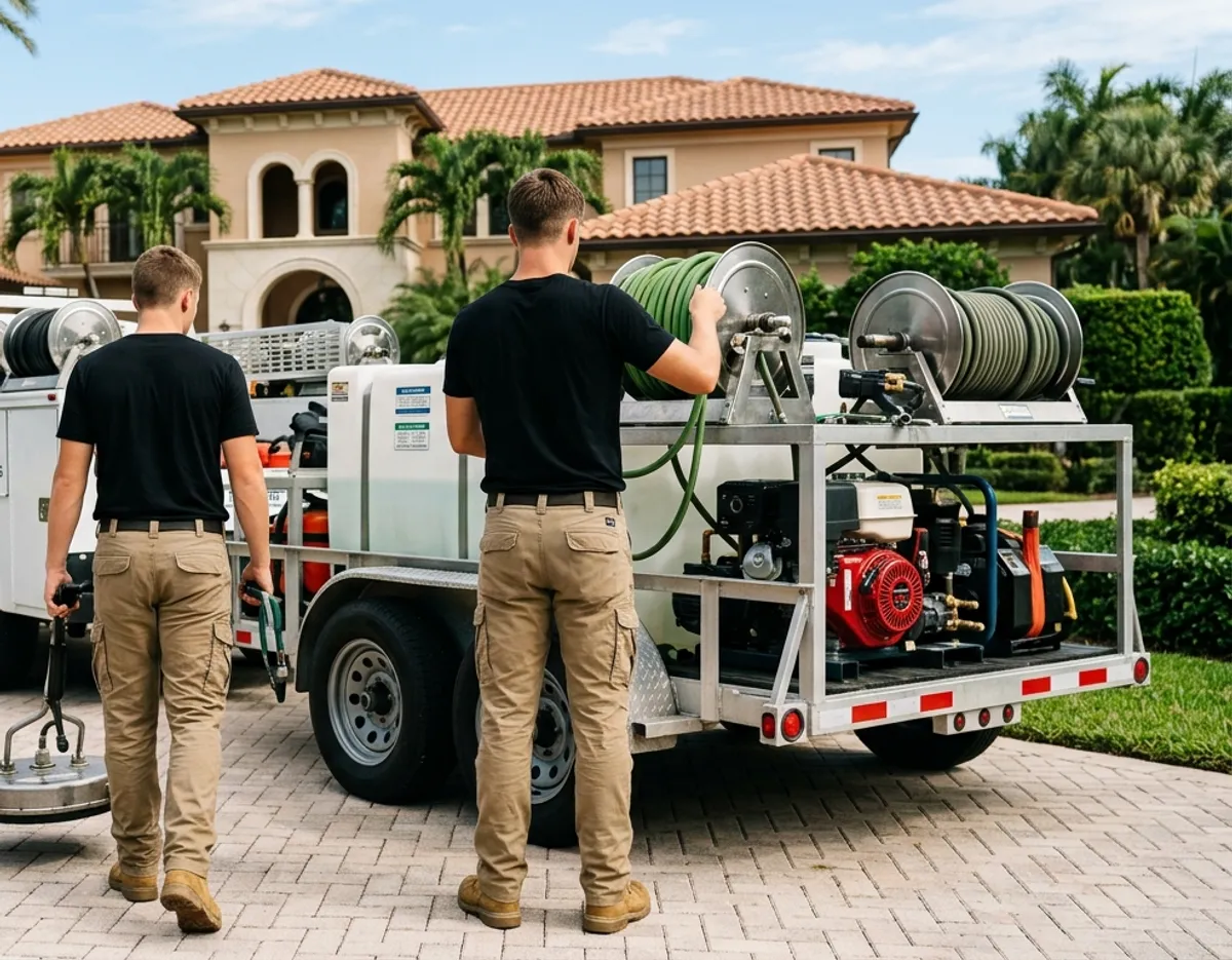 Two workers loading professional pressure washing equipment onto a truck trailer in front of a luxury Palm Beach home
