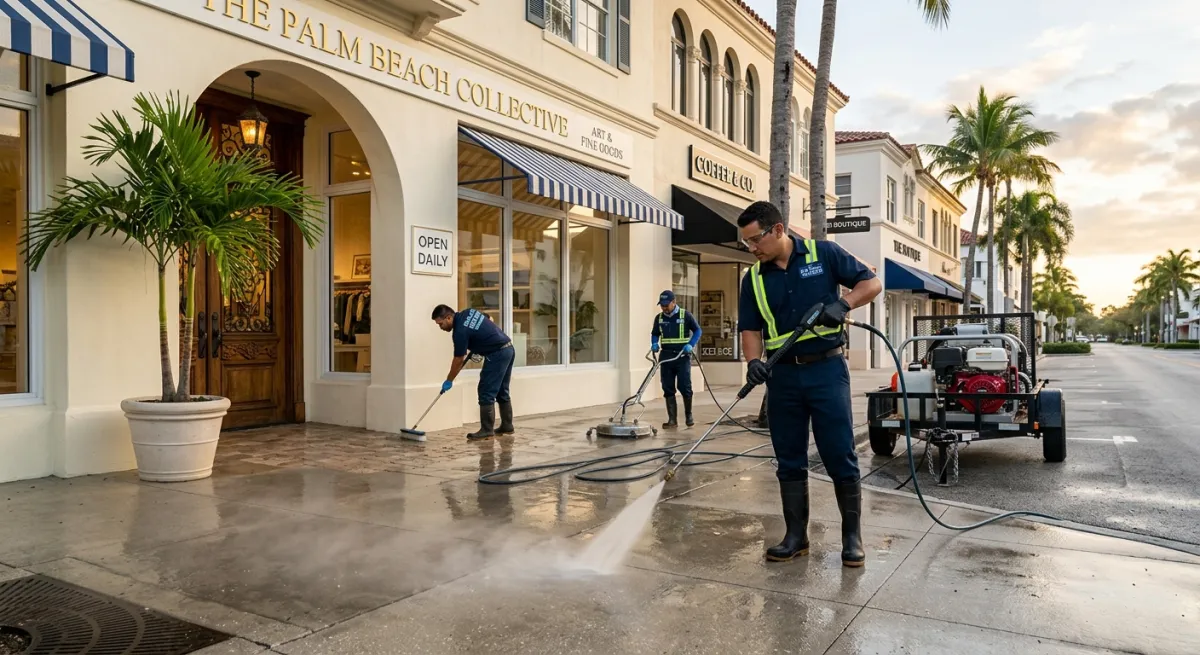 Professional crew pressure washing the sidewalk and entrance of a Palm Beach commercial storefront in early morning light