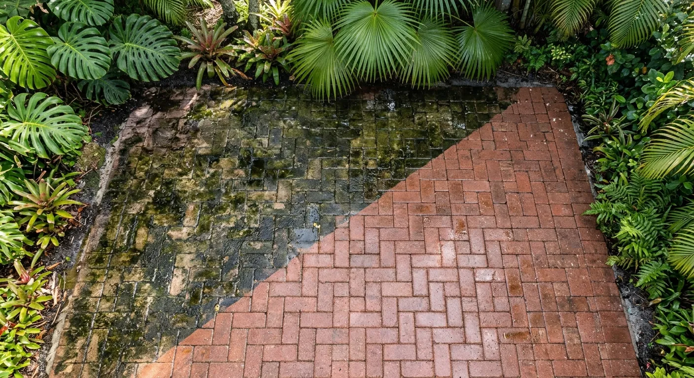 Homeowner reviewing a pressure washing estimate on a clipboard with a clean driveway visible in the background