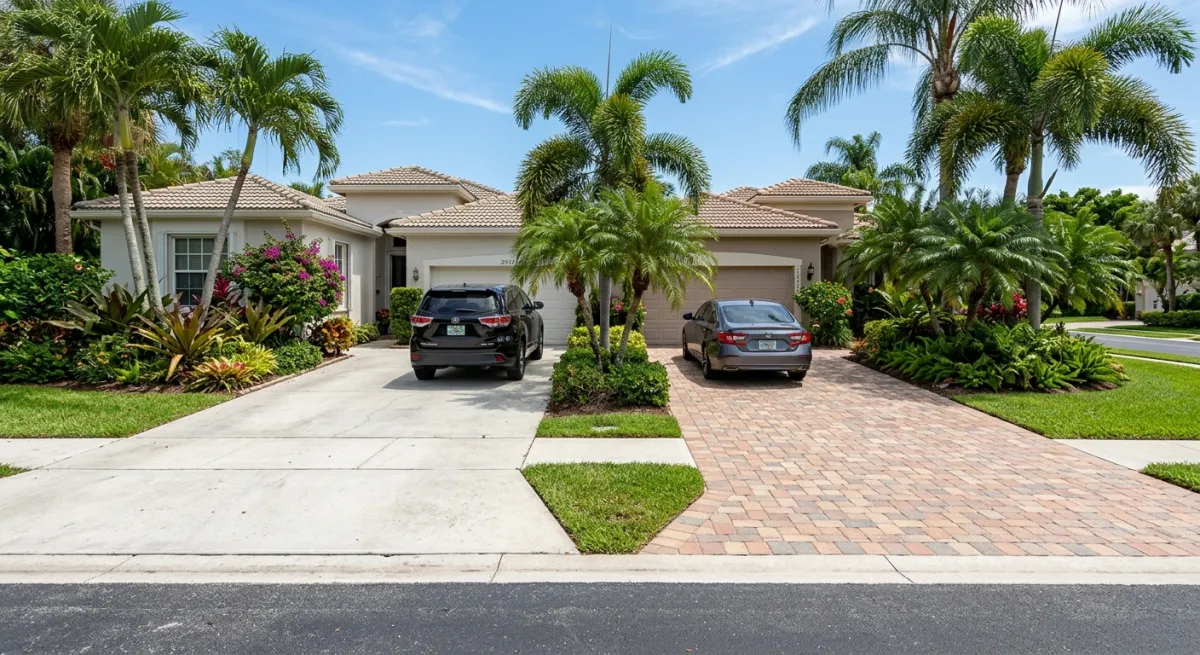 A side-by-side comparison showing a concrete driveway and a paver driveway at adjacent South Florida homes with tropical landscaping