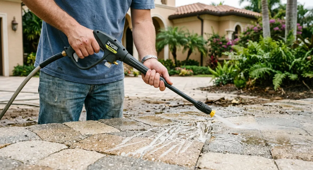 Homeowner in casual clothes using a consumer pressure washer damaging decorative pavers at a South Florida home