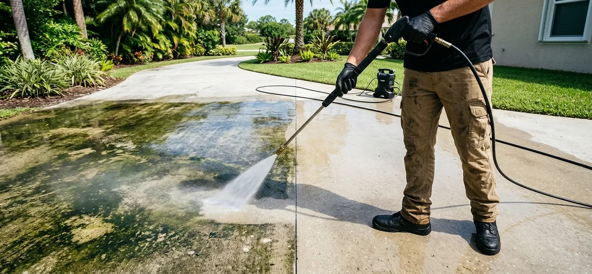 Worker pressure washing a dirty concrete driveway in South Florida showing clean and algae-stained contrast