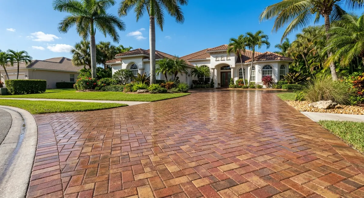 Freshly sealed brick pavers on a South Florida driveway glistening with a wet-look finish under clear dry-season skies