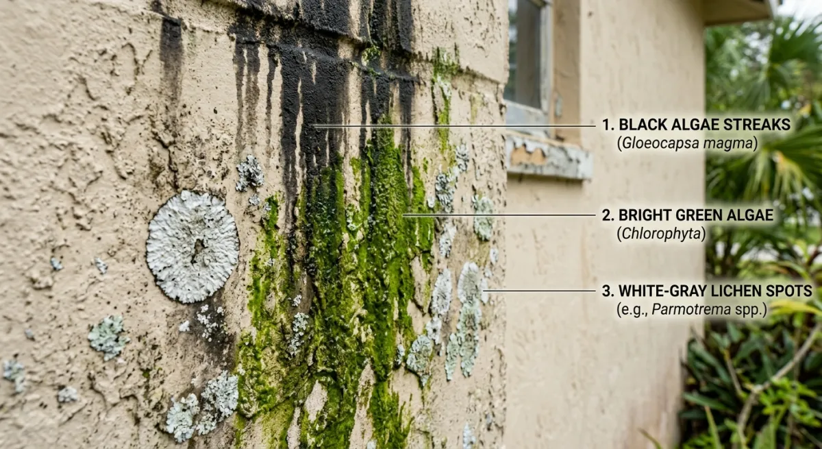Close-up view of various types of organic growth including black algae streaks, green algae patches, and lichen on a South Florida home exterior