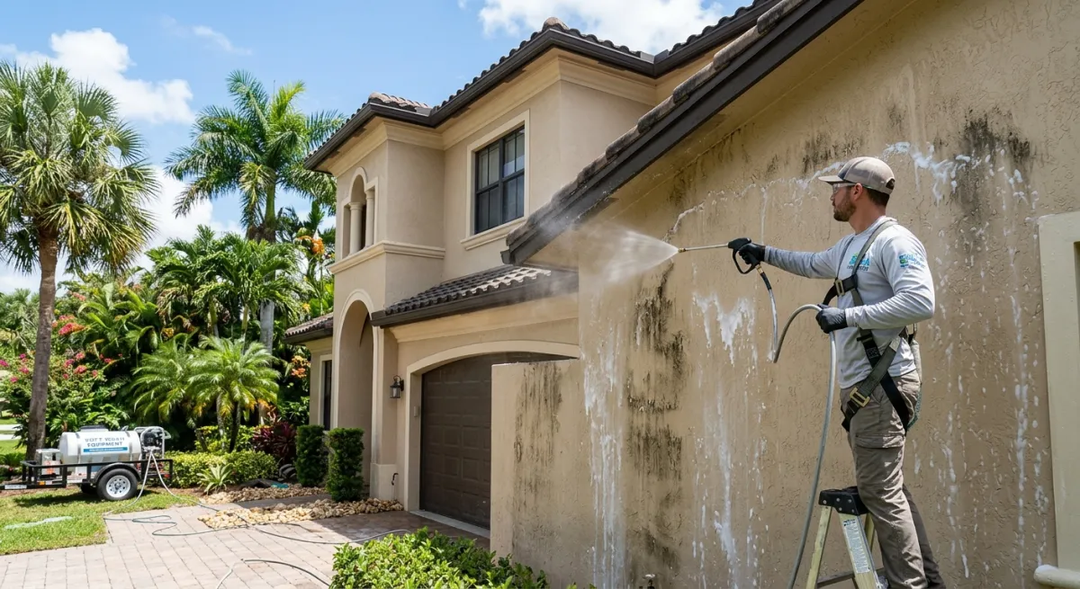 Professional soft washing a beige stucco South Florida home with palm trees, preparing the exterior surface for a fresh coat of paint
