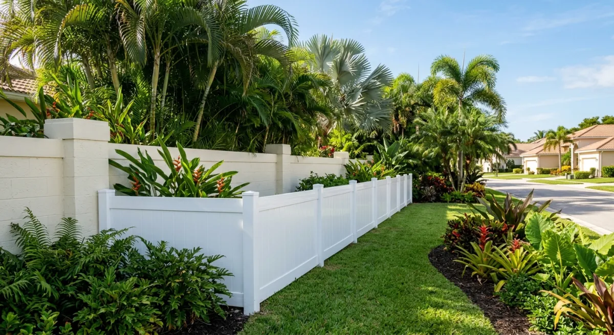 A freshly cleaned white vinyl fence alongside a CBS block wall in a Palm Beach County residential neighborhood with tropical landscaping