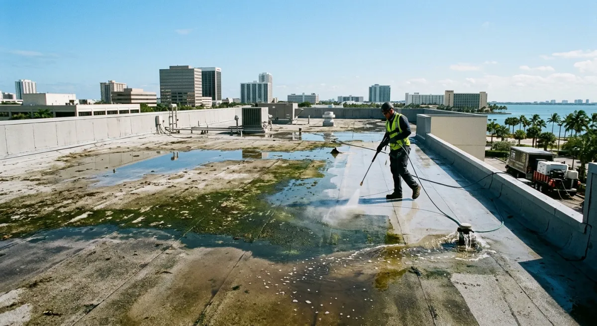 A flat commercial roof in South Florida with standing water and algae being cleaned