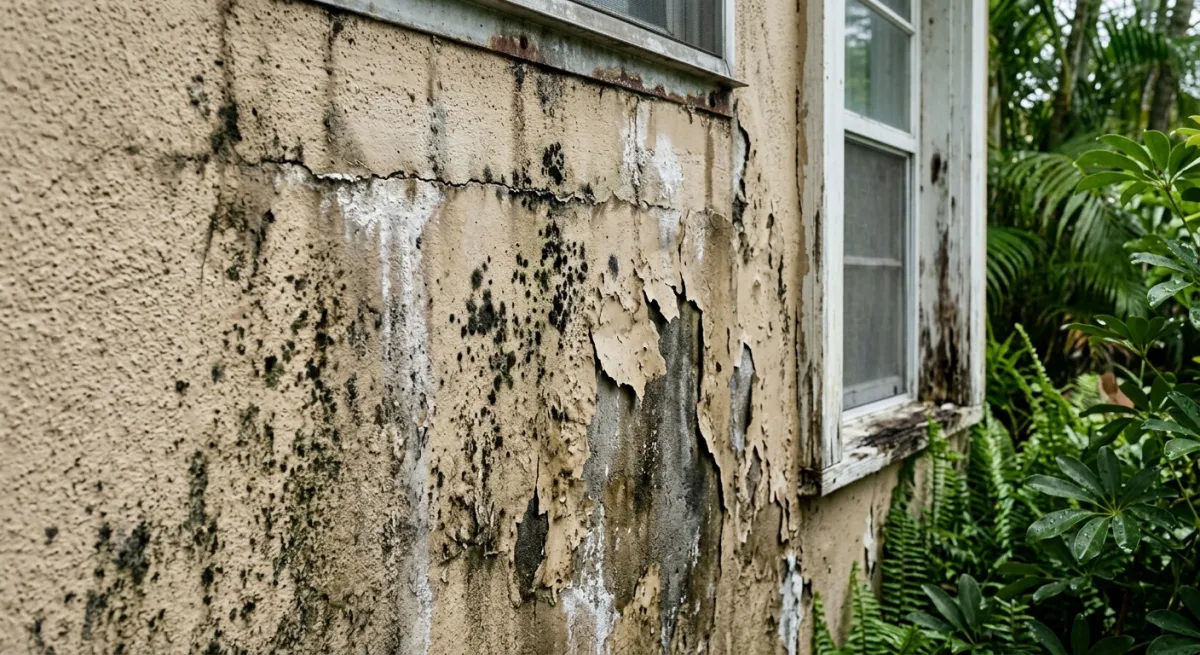Close-up of mildew and moisture damage on a stucco wall in South Florida