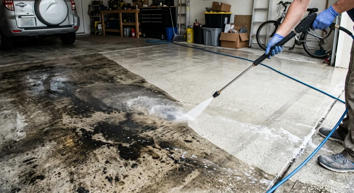 A garage floor being pressure washed showing the contrast between clean and stained concrete