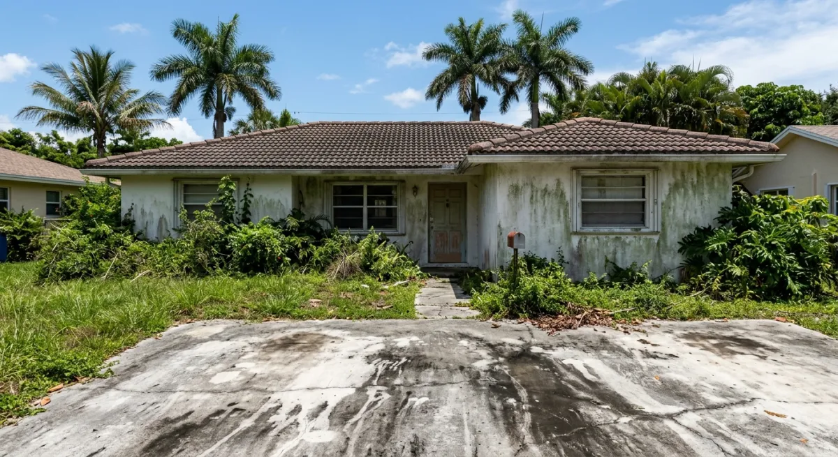 A neglected South Florida home exterior showing stained concrete and algae-covered walls