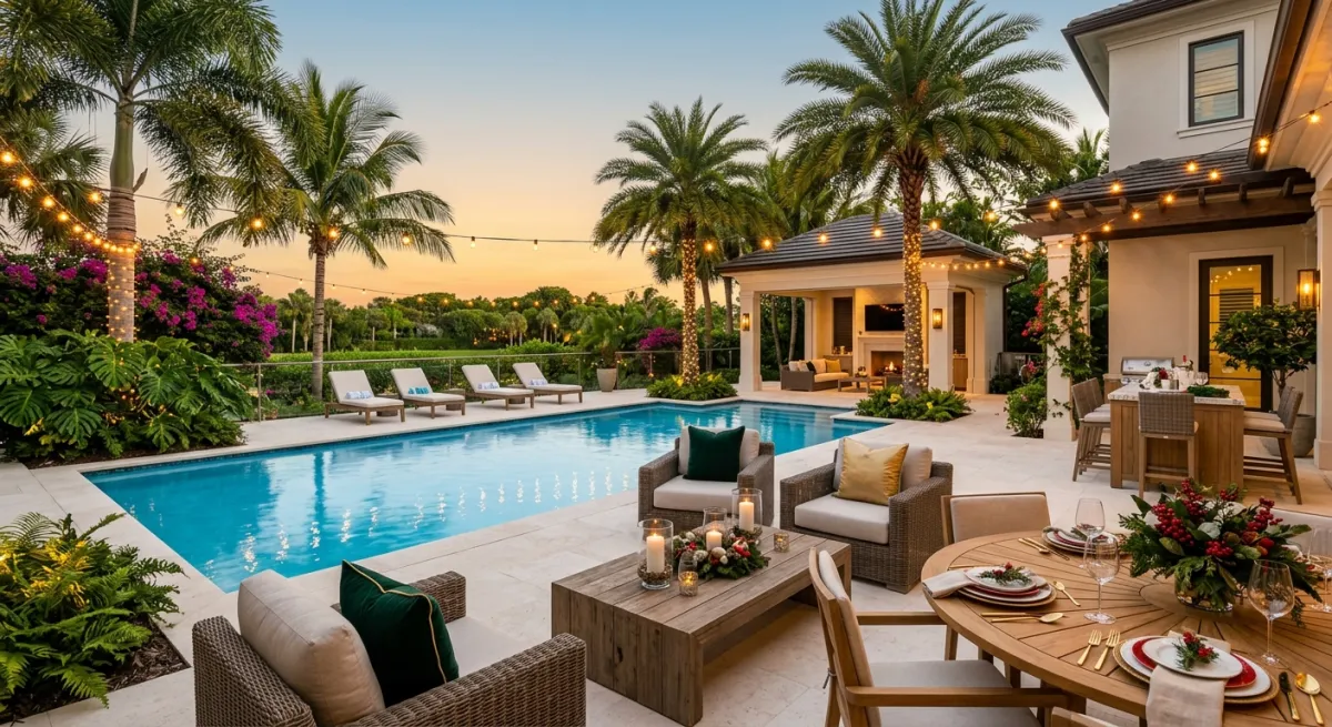 A beautifully clean outdoor entertaining space in Palm Beach with a sparkling pool deck, patio furniture, and string lights ready for holiday guests