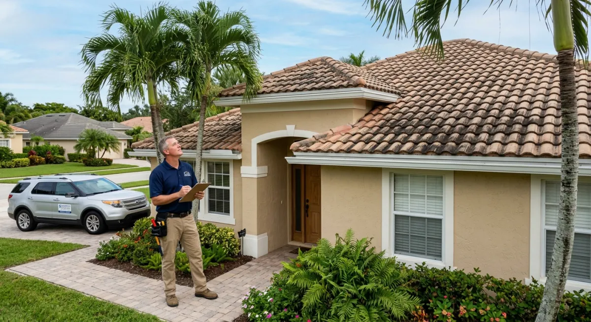 A Florida home exterior being inspected with visible algae stains on the roof