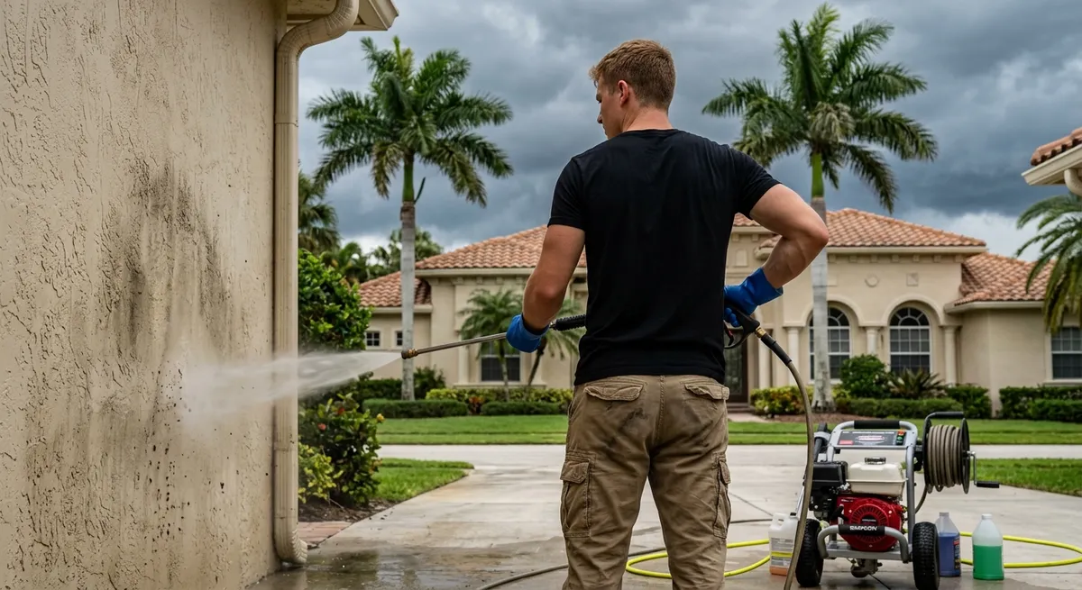 Pressure washing technician cleaning a Mediterranean-style Palm Beach home before hurricane season with dramatic cloudy sky