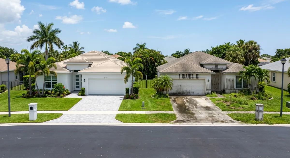 Two similar South Florida homes side by side, one noticeably cleaner than the other