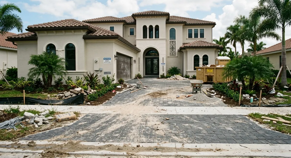 A brand-new Palm Beach County home with construction residue on the driveway and walkways
