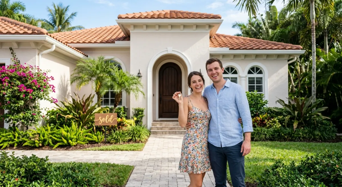 A young couple standing proudly in front of their newly purchased Palm Beach home