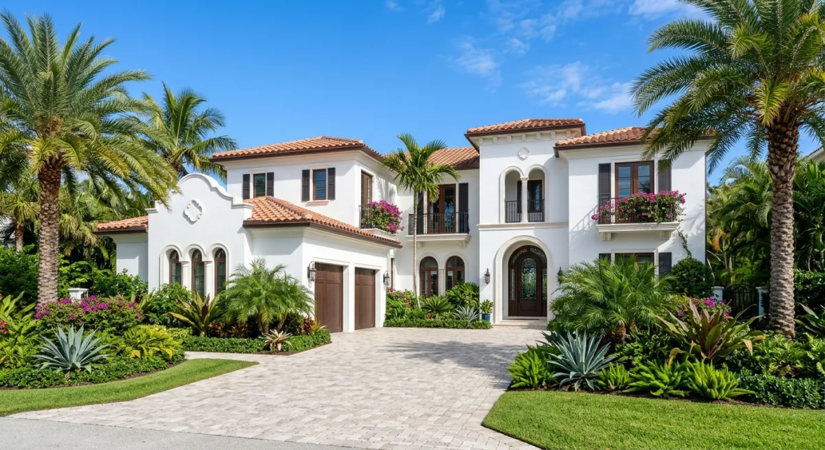 A freshly cleaned white stucco Palm Beach home with a pristine driveway and lush tropical landscaping under clear blue January skies
