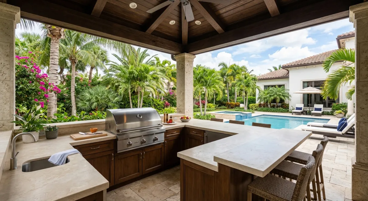 A clean outdoor kitchen and grill area at a Palm Beach home with stone countertops