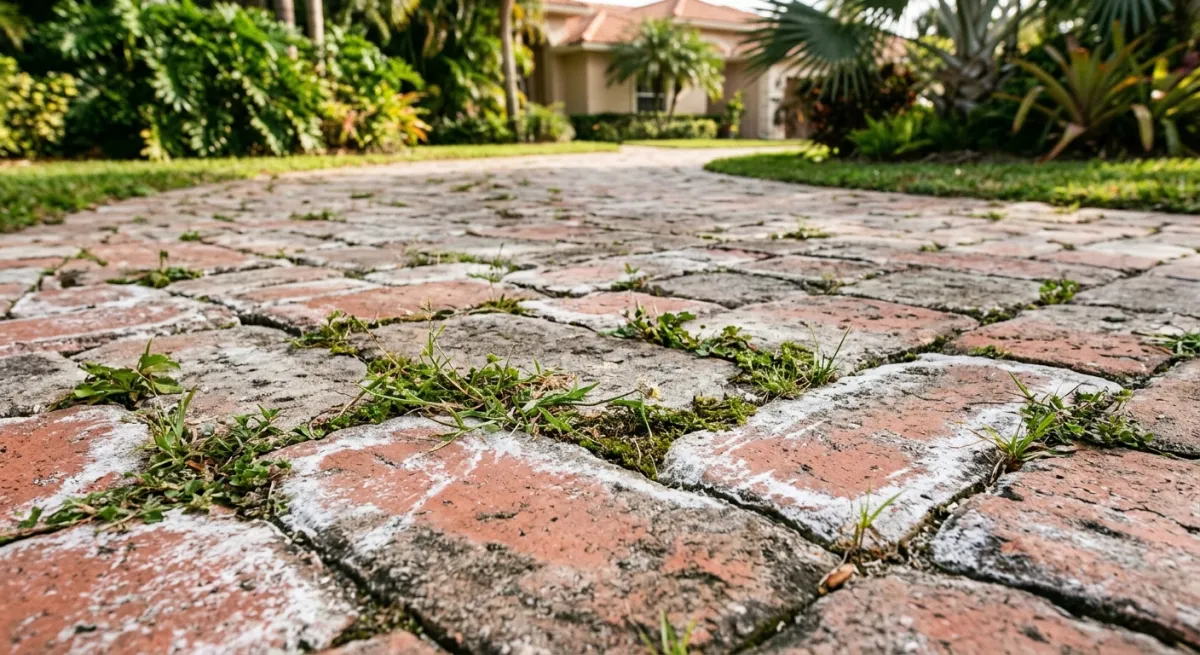 Close-up of faded brick pavers on a Palm Beach County driveway showing signs of wear