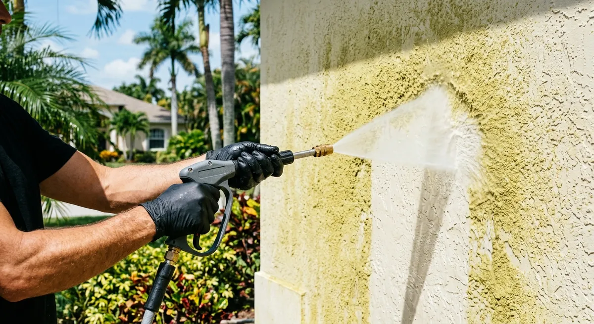 Worker soft washing thick pollen buildup off a stucco wall at a South Florida home with tropical landscaping