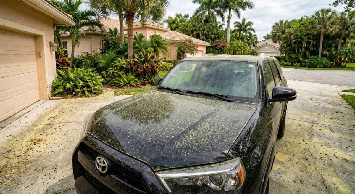 Yellow-green pollen coating on a car and driveway at a Palm Beach Gardens home