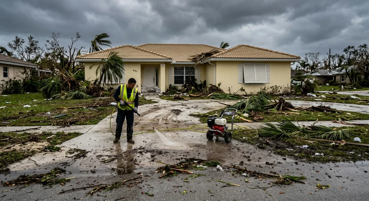 Palm Beach home exterior with storm debris, fallen palm fronds, and muddy residue on the driveway being cleaned up after a hurricane