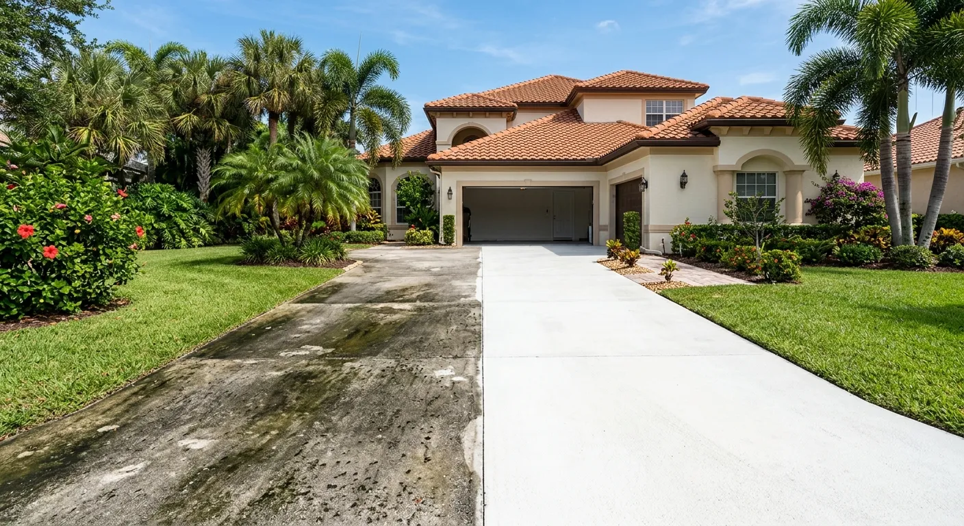 Professional pressure washing a residential driveway in Palm Beach County with clean and dirty halves visible