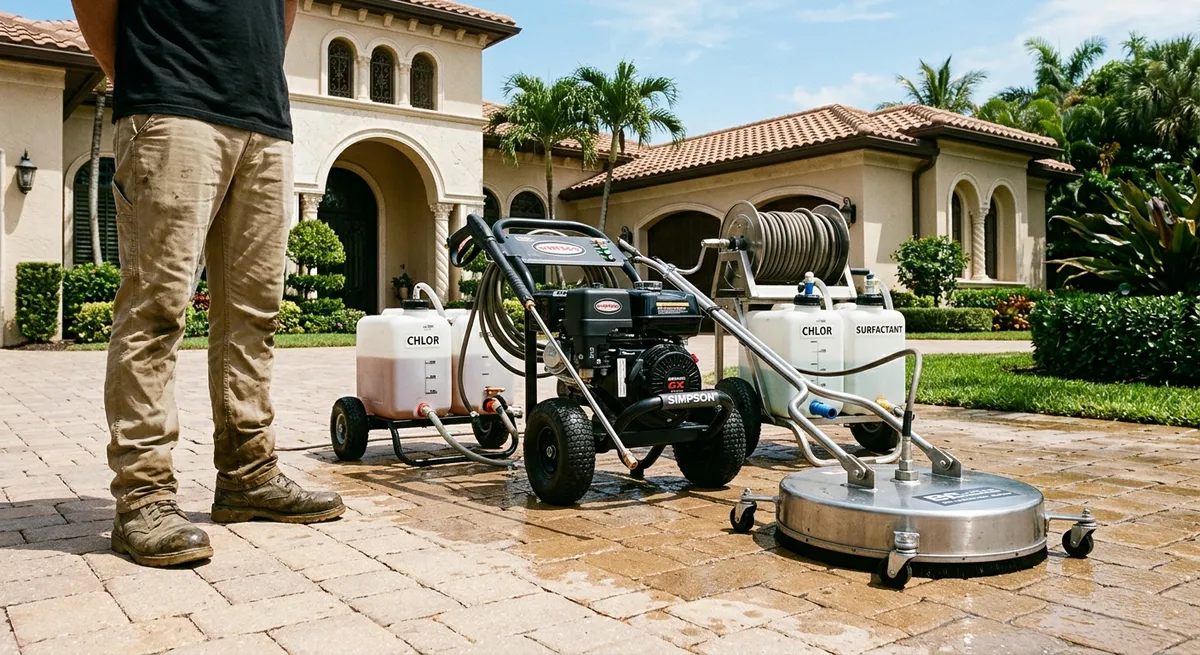 Professional pressure washing equipment setup with commercial washer and surface cleaner in front of a luxury Palm Beach home