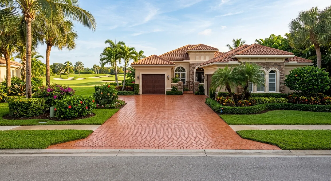 Professional pressure washing a paver driveway at a Palm Beach Gardens home with tropical landscaping in the background