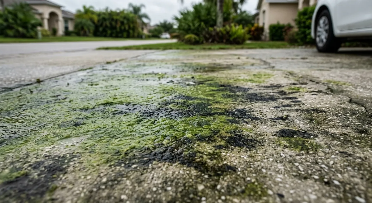 Professional pressure washing technician wearing safety gear while cleaning a driveway