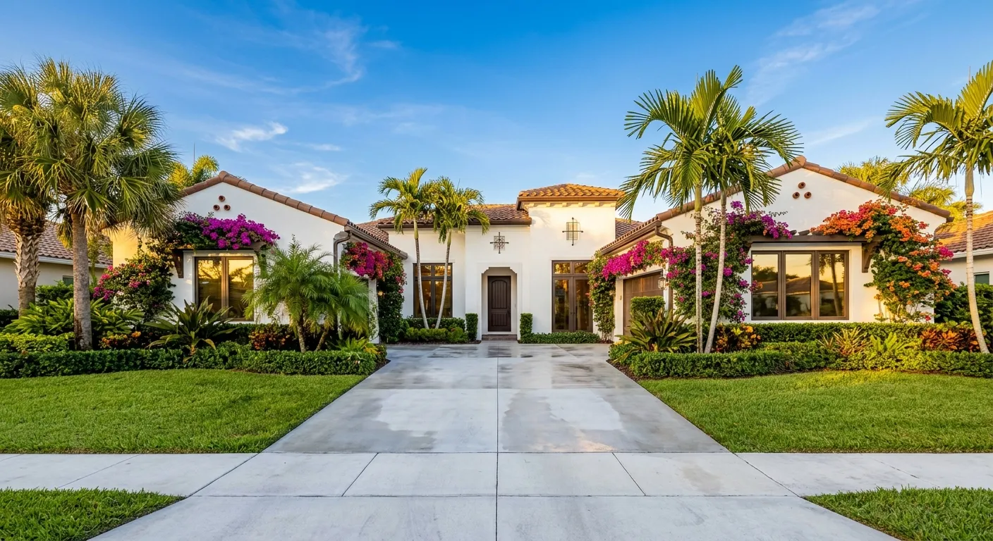 Family-owned pressure washing team working on a residential home in Palm Beach County with professional equipment
