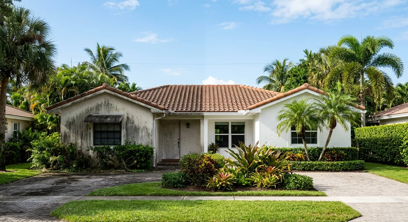 Professional soft washing a stucco home exterior in Palm Beach Gardens
