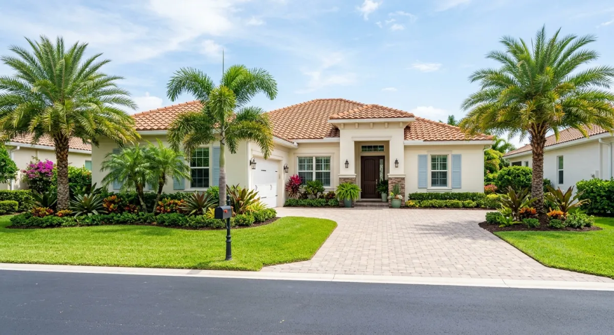 A beautifully maintained Palm Beach County home with a pristine driveway, clean roof, and lush landscaping ready for real estate photography