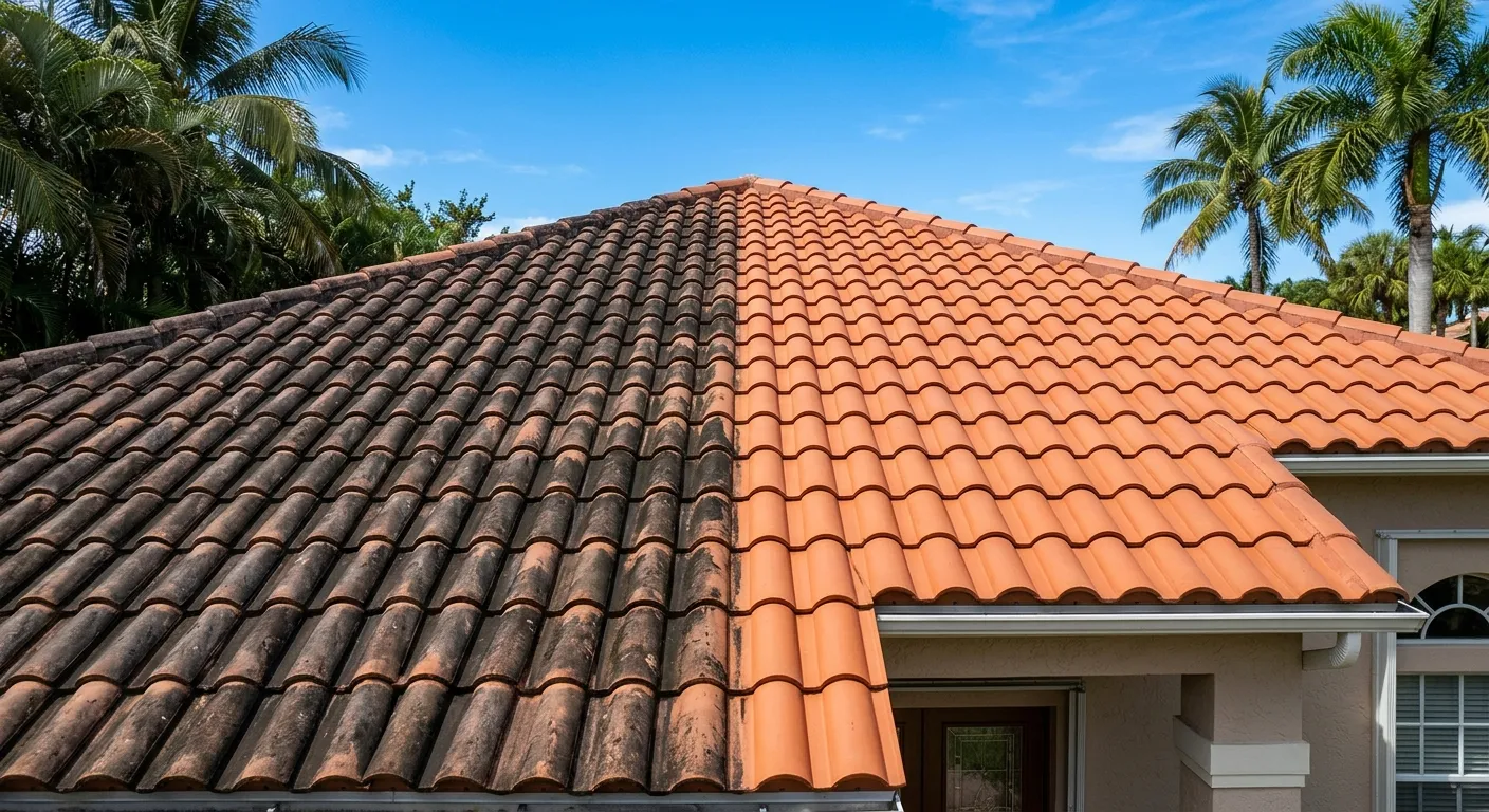 Close-up of a tile roof being soft washed on a South Florida home