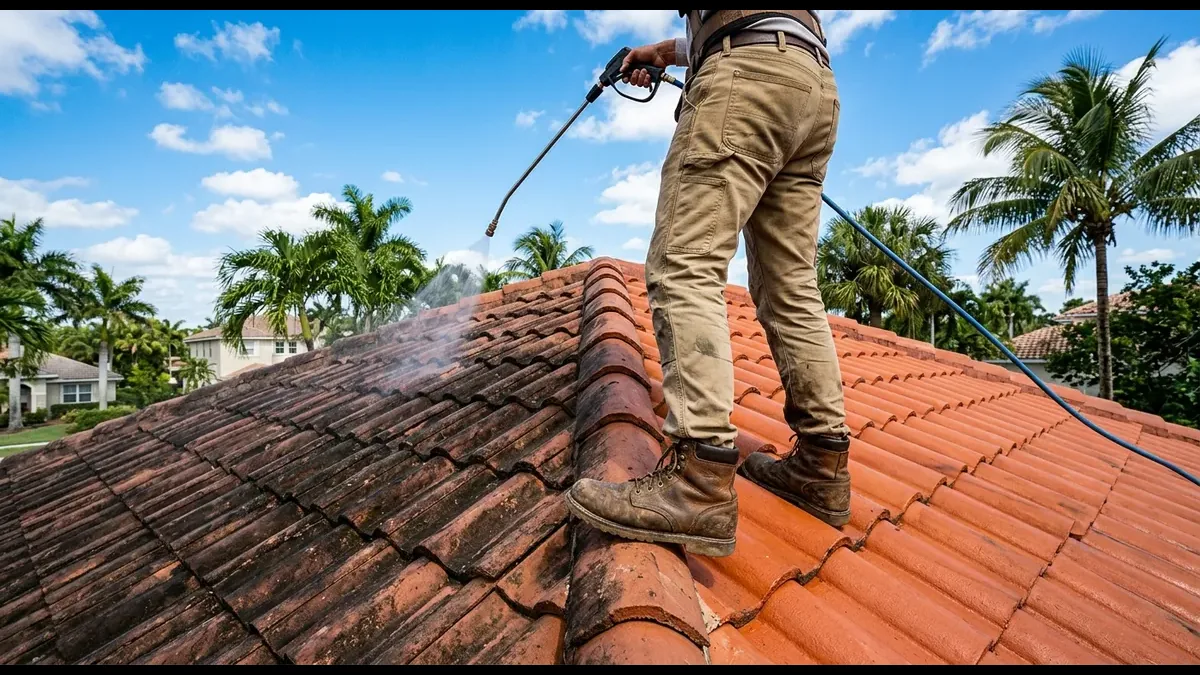Worker soft washing algae-stained terracotta roof tiles at a South Florida home with palm trees in background