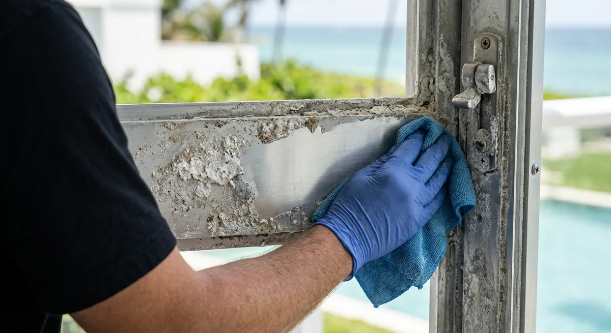 Gloved hand wiping salt air corrosion off a metal window frame at a coastal Palm Beach home with ocean in background