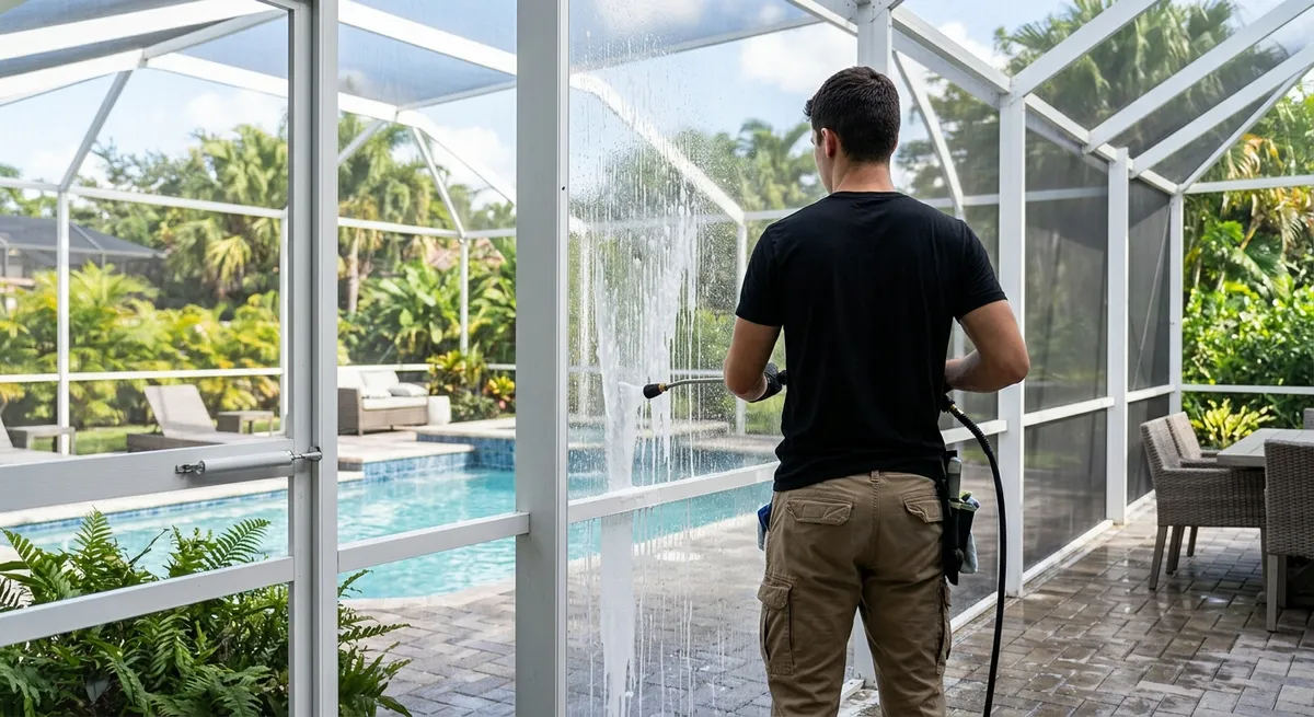 Worker soft washing screen enclosure panels inside a South Florida lanai with pool and tropical plants