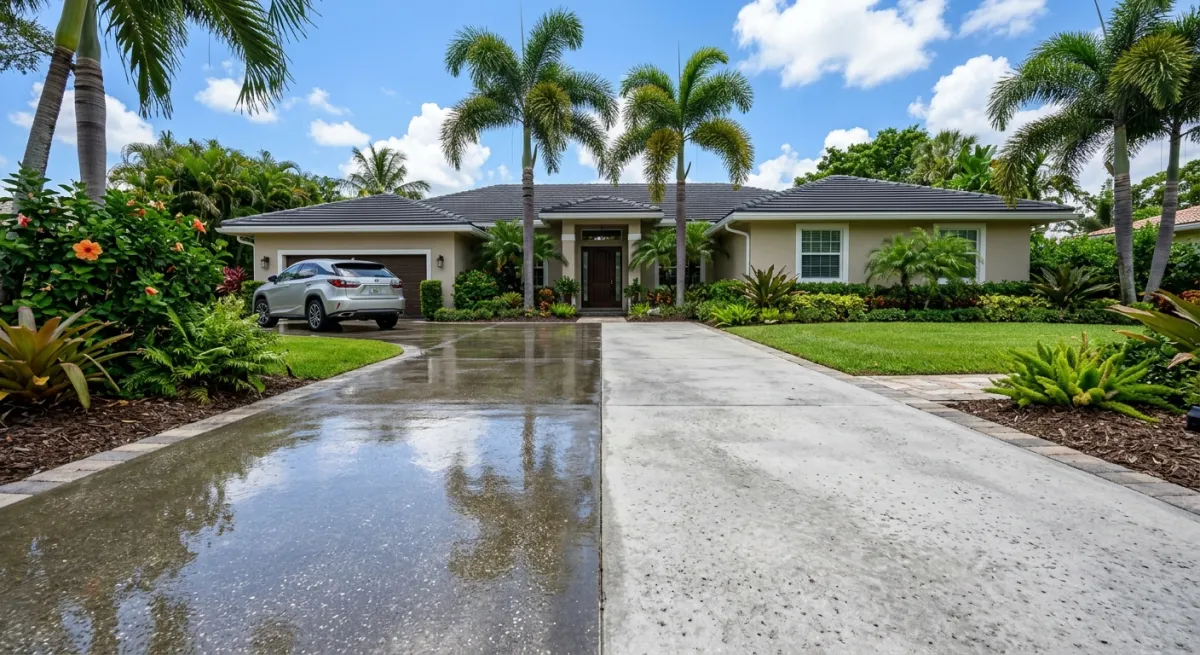 Freshly sealed concrete driveway with a wet-look finish at a South Florida home
