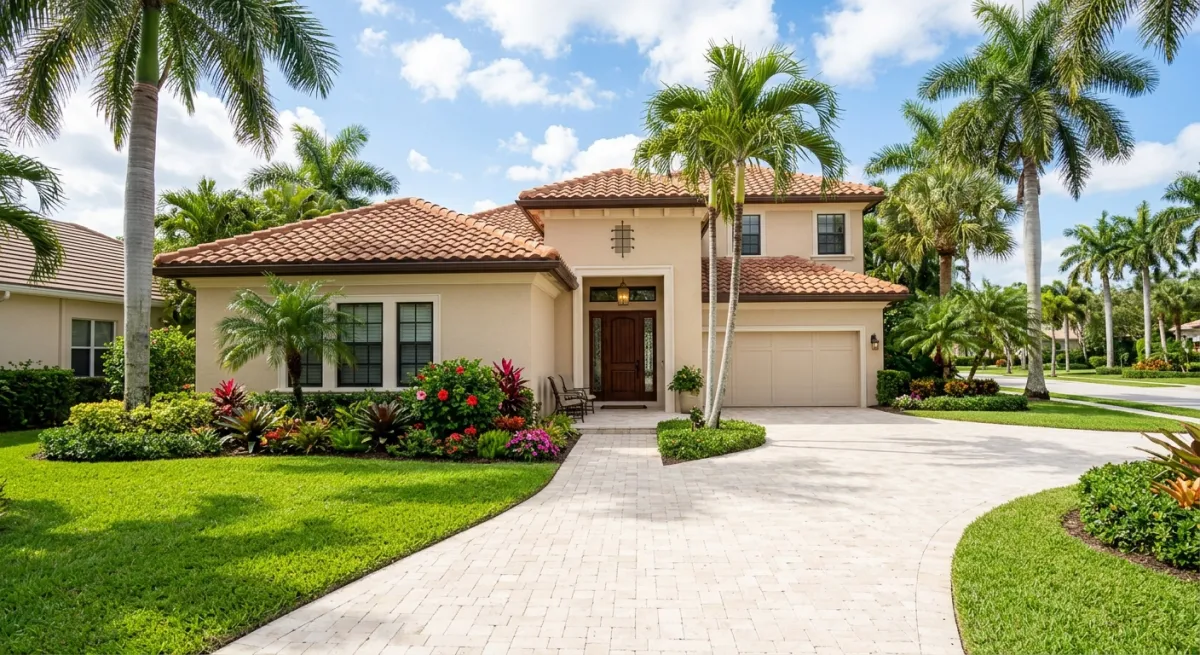 A well-maintained Palm Beach Gardens home with a clean driveway and lush tropical landscaping prepared for seasonal guests