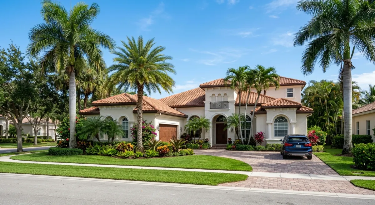 A well-maintained South Florida home with tropical landscaping under clear blue skies