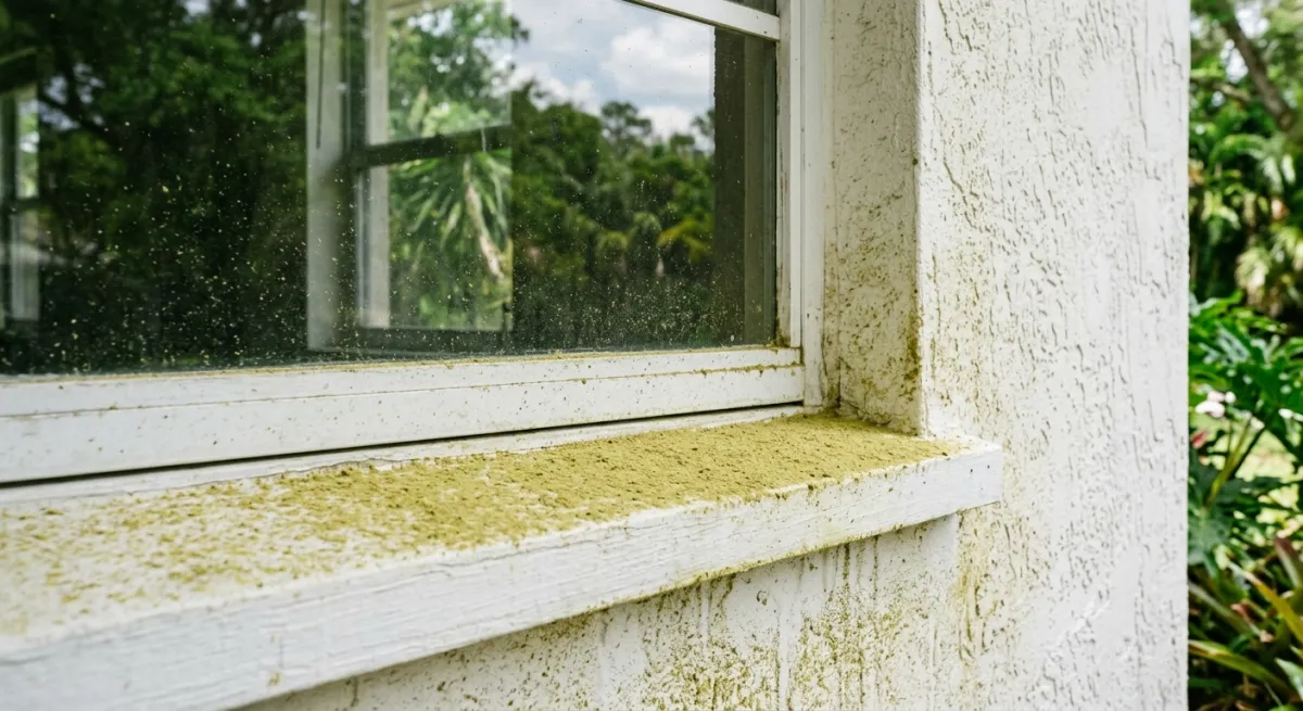 Yellow-green pollen coating on a white window sill and exterior wall of a South Florida home