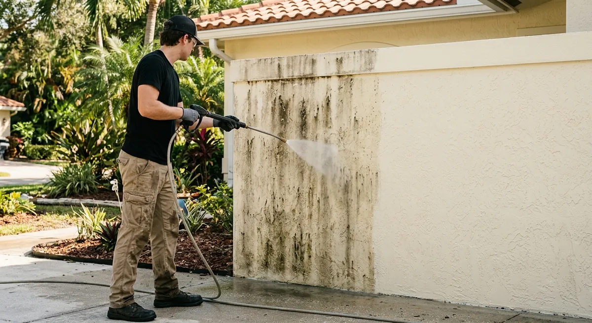 Worker soft washing a dirty stucco wall showing before and after contrast at a South Florida home