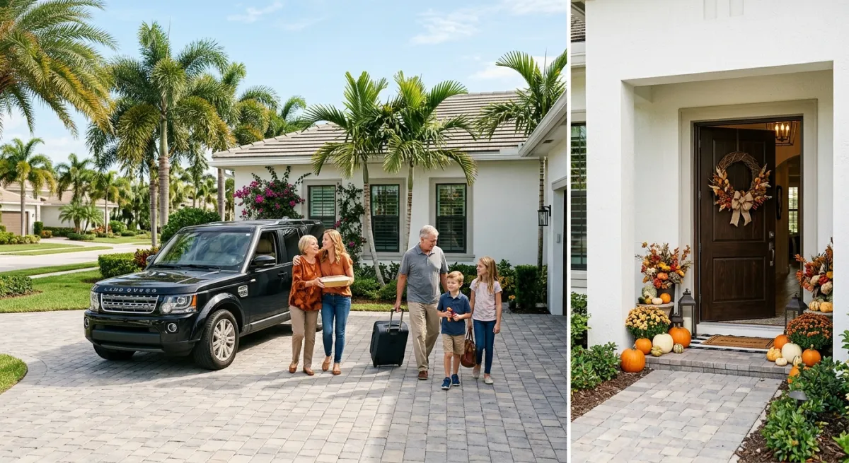 A family arriving at a Palm Beach home for Thanksgiving with a clean driveway and festive entrance