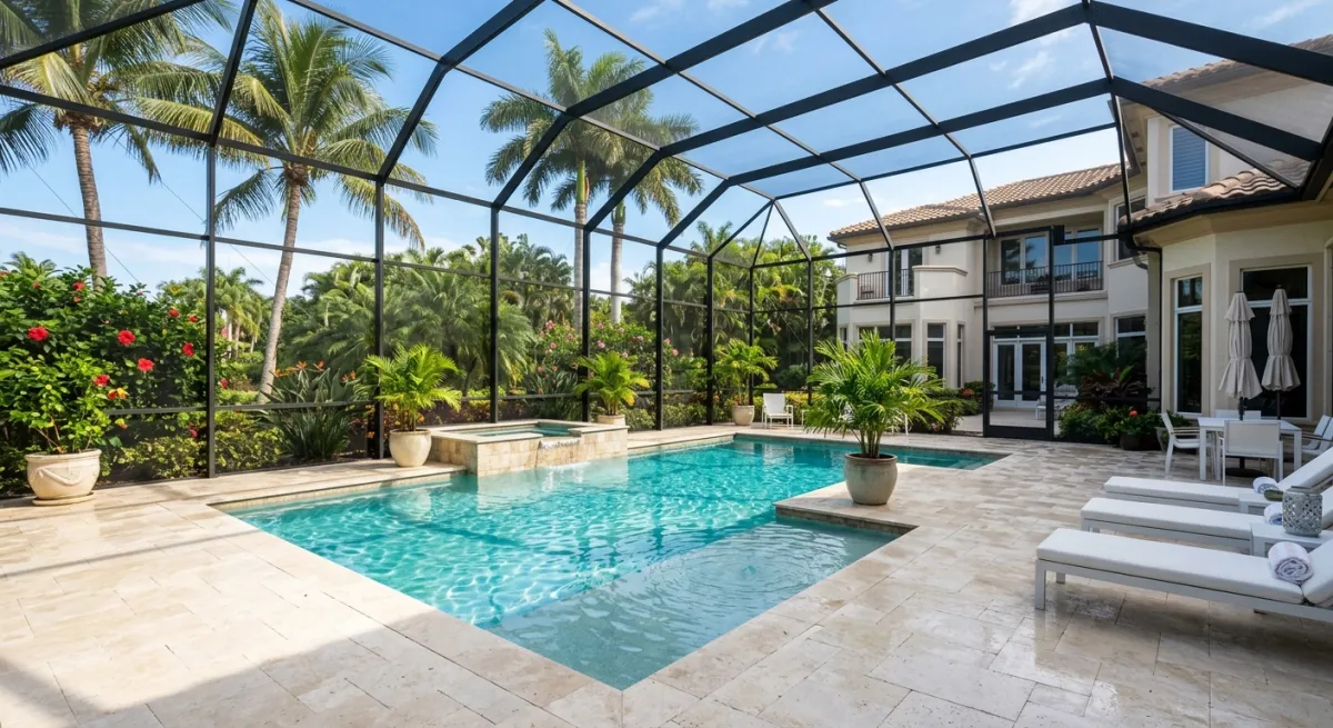 A clean cream-colored travertine pool deck surrounding a turquoise pool at an upscale Palm Beach home with tropical landscaping