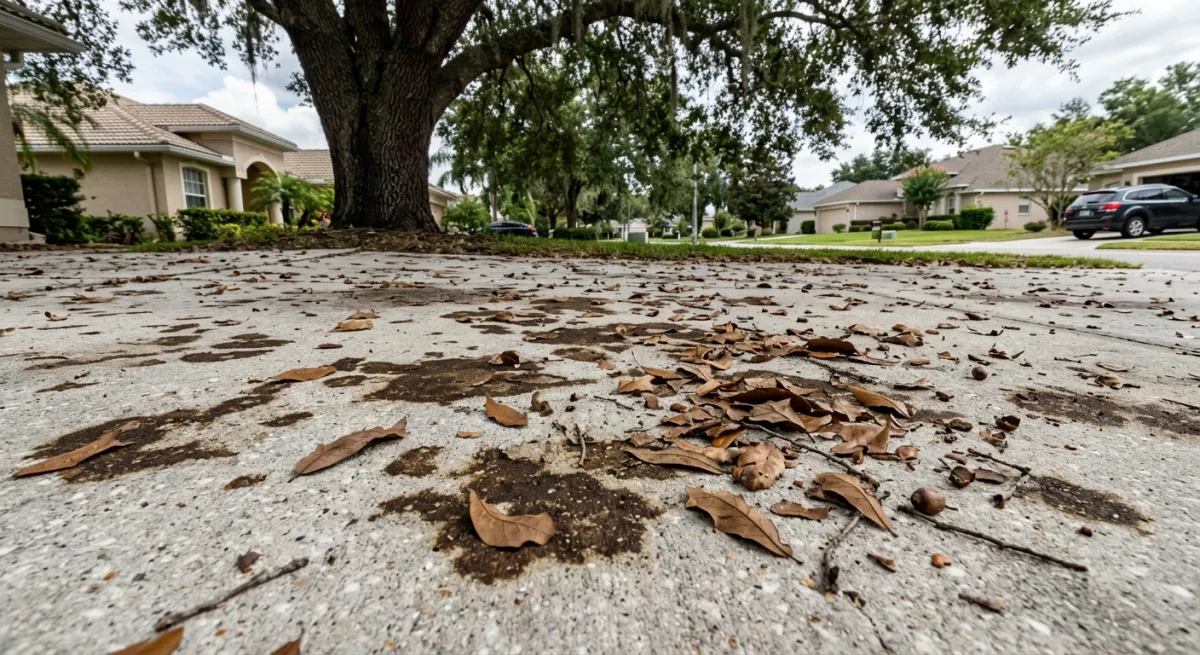 Dark tannin stains on a concrete driveway from oak leaves in a Florida neighborhood
