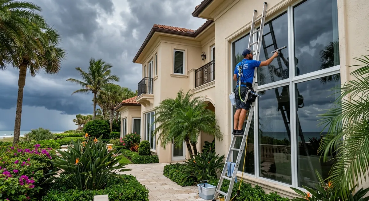 Professional window cleaner working on a Palm Beach home's large windows with storm clouds forming in the background