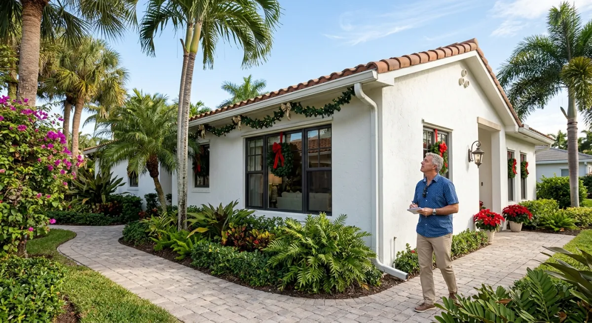 A Palm Beach homeowner walking their property doing an end-of-year inspection with holiday decorations visible